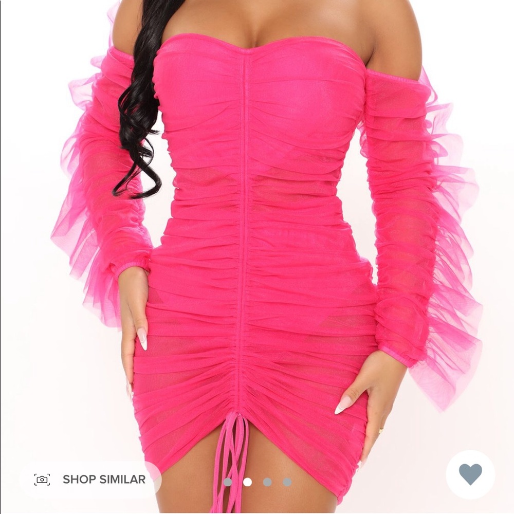 Ruched, mesh hot pink dress